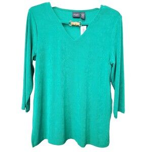 Chico's Travelers Green Bamboo Trim 3/4 Sleeve V-Neck Tunic 1 Medium NWT DEFECT